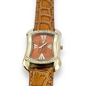 Watch Womens Designer Watch BURGI Rhinestone Brown Leather Wristwatch